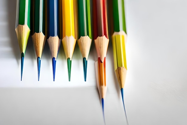 Une rangée de crayons de couleur sont alignés les uns à côté des autres.