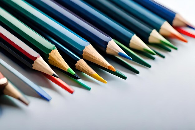 Une rangée de crayons de couleur sont alignés sur une table.