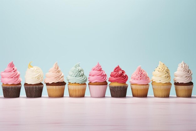 une rangée de cupcakes avec un glaçage rose et un fond bleu avec un cupcake givré rose au milieu.