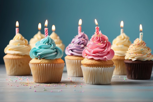 Une rangée de cupcakes avec des lettres de joyeux anniversaire