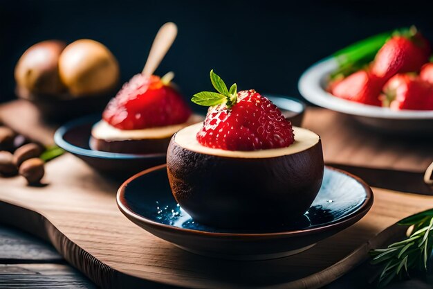 une rangée de desserts avec des fraises sur une table en bois