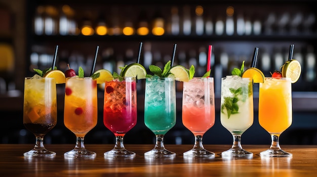 Rangée de divers cocktails sur le comptoir du bar