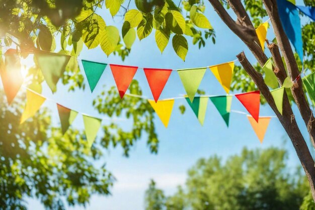 Photo une rangée de drapeaux accrochés à un arbre avec des arbres en arrière-plan