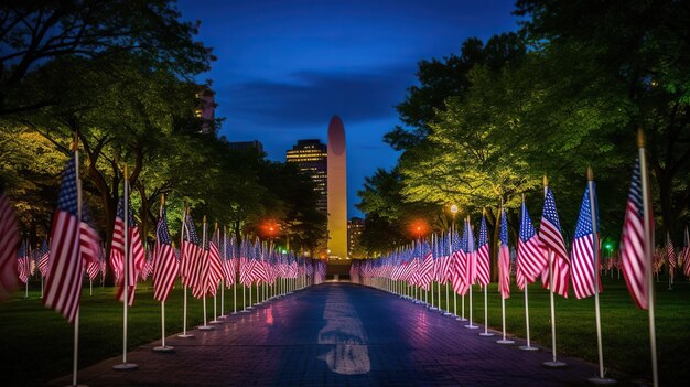 Rangée de drapeaux américains le Memorial Day la nuit