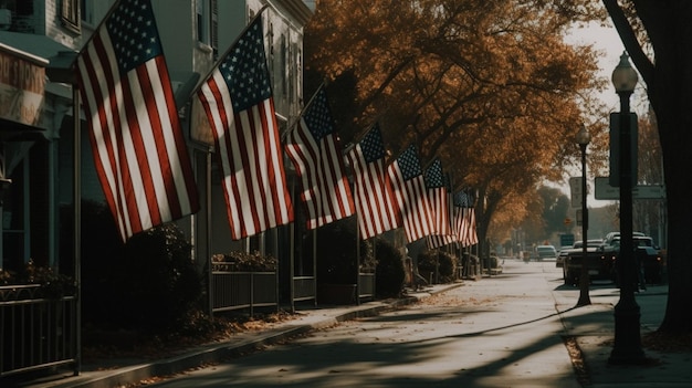 Une rangée de drapeaux américains sont alignés sur un trottoir.