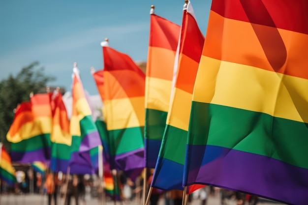 Une rangée de drapeaux arc-en-ciel sont alignés sur une ligne.