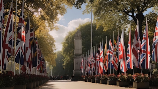 Une rangée de drapeaux avec le drapeau britannique sur la gauche