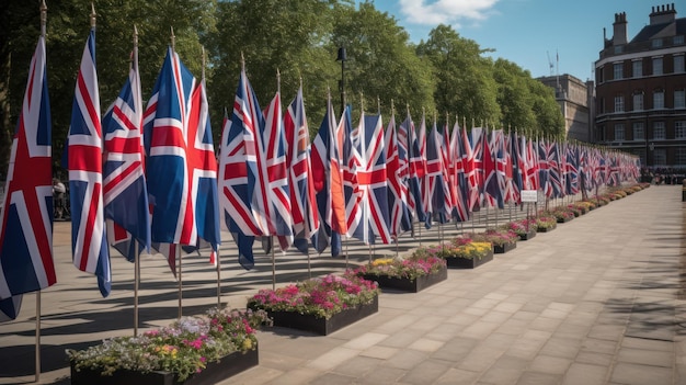 Une rangée de drapeaux avec le drapeau du Royaume-Uni