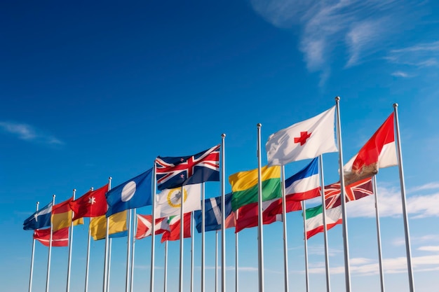 Photo une rangée de drapeaux internationaux flottant doucement dans la brise contre un ciel bleu