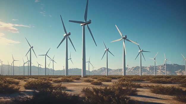 Une rangée d'éoliennes dans un champ AI