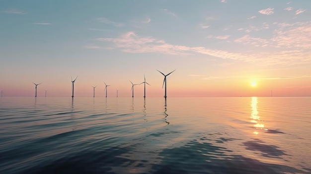 Une rangée d'éoliennes dans l'eau au coucher du soleil