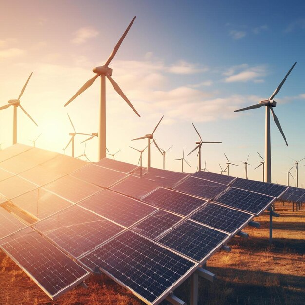 une rangée d'éoliennes avec le soleil qui brille derrière elles