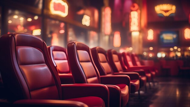 Une rangée de fauteuils en cuir rouge dans un cinéma avec une enseigne au néon qui dit "cinéma"