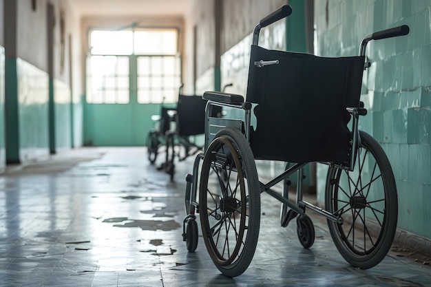 Une rangée de fauteuils roulants vides soigneusement placés contre un mur sans que personne ne soit en vue Fauteuil roulants dans un centre de réadaptation AI généré