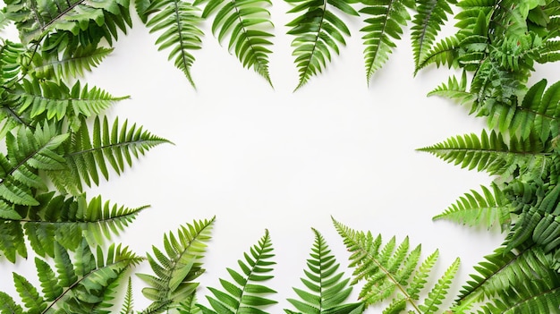 Une rangée de feuilles vertes sont disposées en ligne sur un fond blanc