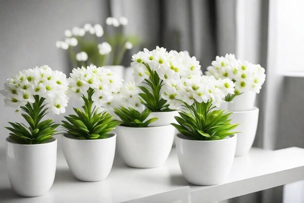 Photo une rangée de fleurs blanches avec des feuilles vertes dans des bols blancs