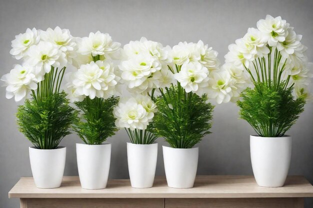 Photo une rangée de fleurs blanches avec des feuilles vertes dans des vases blancs