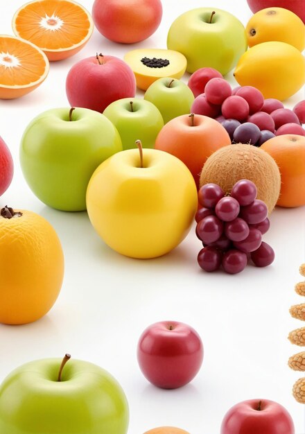 Une rangée de fruits de différentes couleurs isolés sur un fond blanc