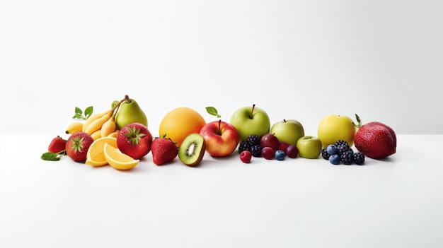 Une rangée de fruits sur un fond blanc