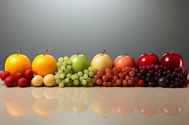 une rangée de fruits irréalistes sur fond blanc