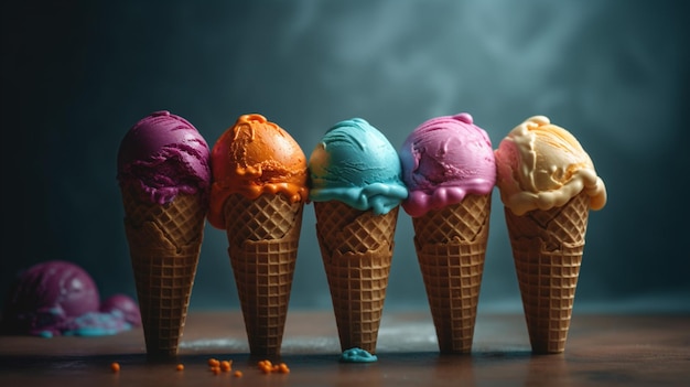 Une rangée de glaces est alignée sur une table.