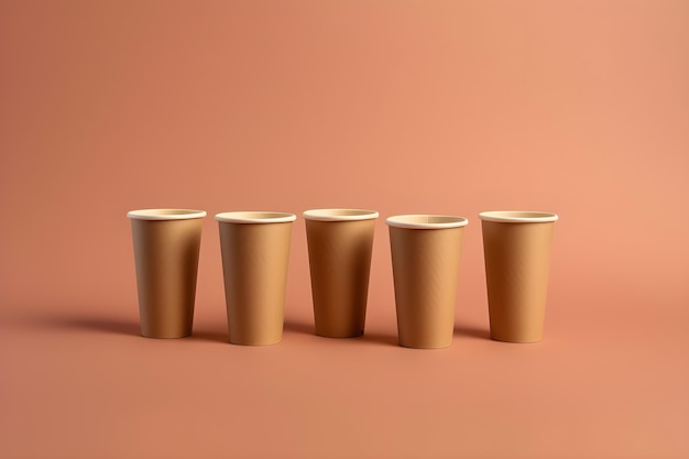 Une rangée de gobelets en papier brun avec un qui dit "café" dessus