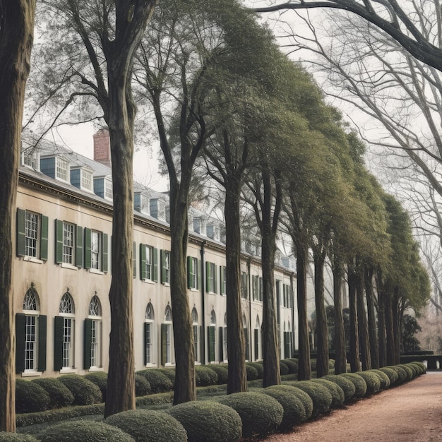 Une rangée de grands arbres devant un bâtiment ai génératif