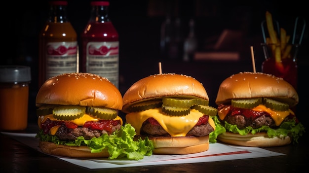 Photo une rangée de hamburgers avec une bouteille de ketchup derrière eux