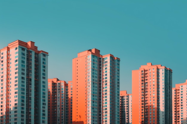 Une rangée d'immeubles de grande hauteur rouge contre un ciel bleu.