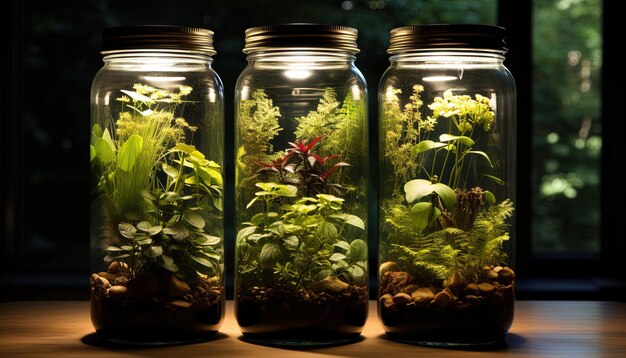 une rangée de jarres de verre avec des plantes dedans