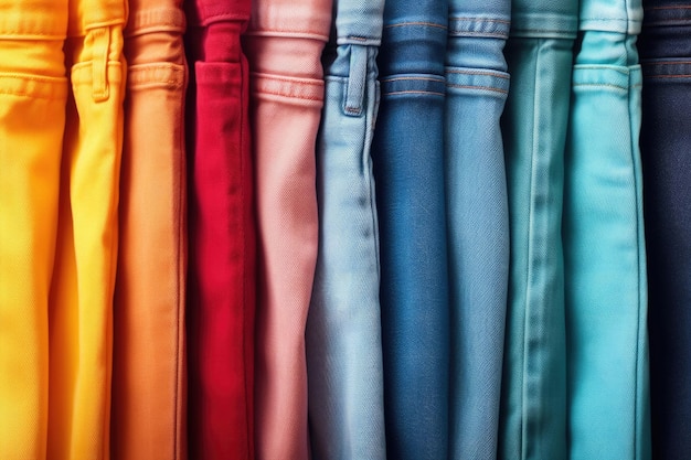 Une rangée de jeans colorés en gros plan