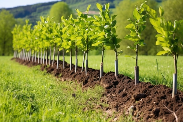 Une rangée de jeunes arbres fruitiers plantés sur une prairie