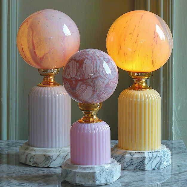 Photo une rangée de lampes en verre coloré avec le bas qui est rose