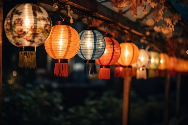 Une rangée de lanternes chinoises la nuit accrochées en gros plan