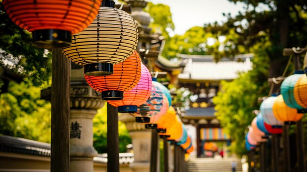 Photo une rangée de lanternes colorées avec un fond traditionnel