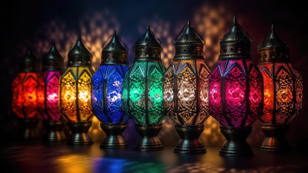 Une rangée de lanternes colorées avec les mots ramadan