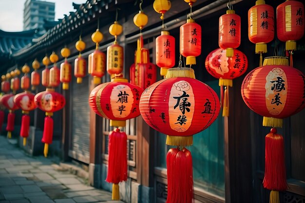 une rangée de lanternes rouges et jaunes avec des inscriptions asiatiques