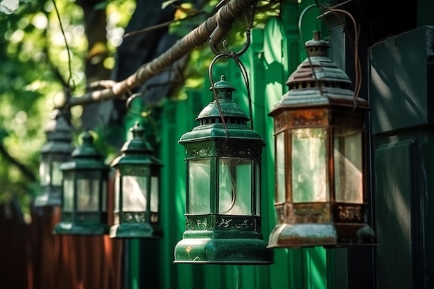 Une rangée de lanternes suspendues à un arbre