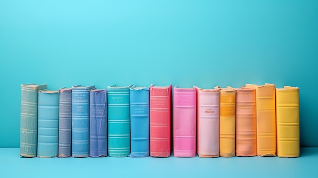 Une rangée de livres vintage en couleurs pastel sur fond bleu