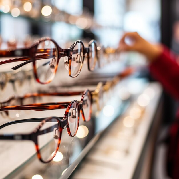 Photo rangée de lunettes chez un opticien lunettes en boutique