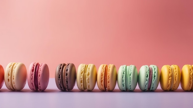 Rangée de macarons colorés sur fond pastel généré par l'IA