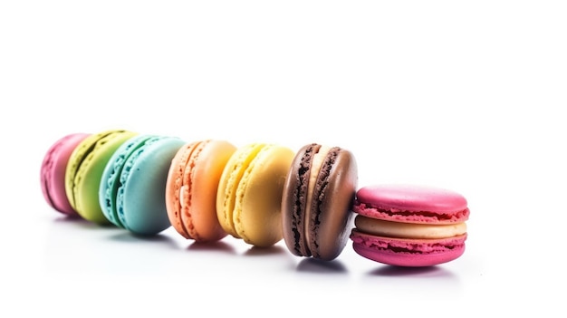 Une rangée de macarons colorés sont alignés sur un fond blanc.