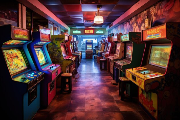 Photo une rangée de machines d'arcade alignées dans une pièce