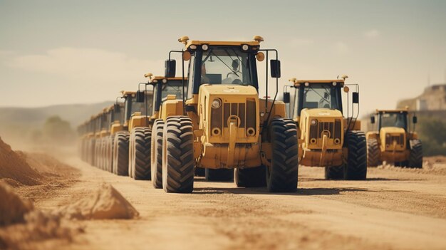 Une rangée de machines de construction lourdes sur une route poussiéreuse