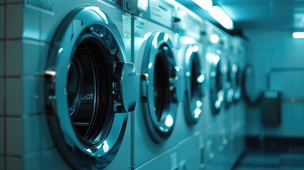 Photo rangée de machines à laver dans une blanchisserie publique conception adaptée aux appareils ménagers