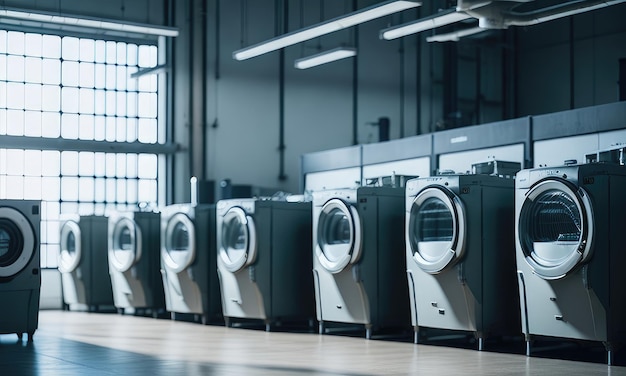 Une rangée de machines à laver industrielles