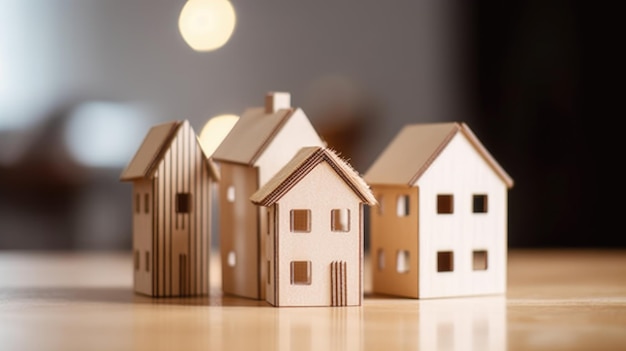 Une rangée de maisons en bois est posée sur une table, avec une guirlande de lumières en arrière-plan.