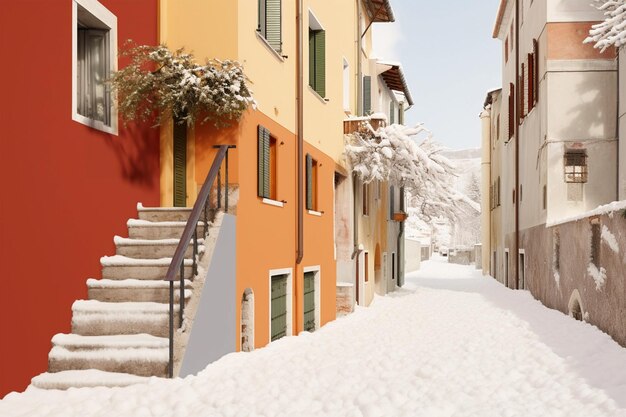 Une rangée de maisons colorées dans la neige de l'hiver dans les rues vides de la ville