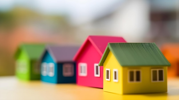 Une rangée de maisons colorées avec une qui dit "maison" dessus