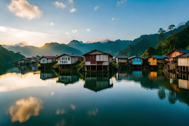 Une rangée de maisons sur l'eau avec des montagnes en arrière-plan